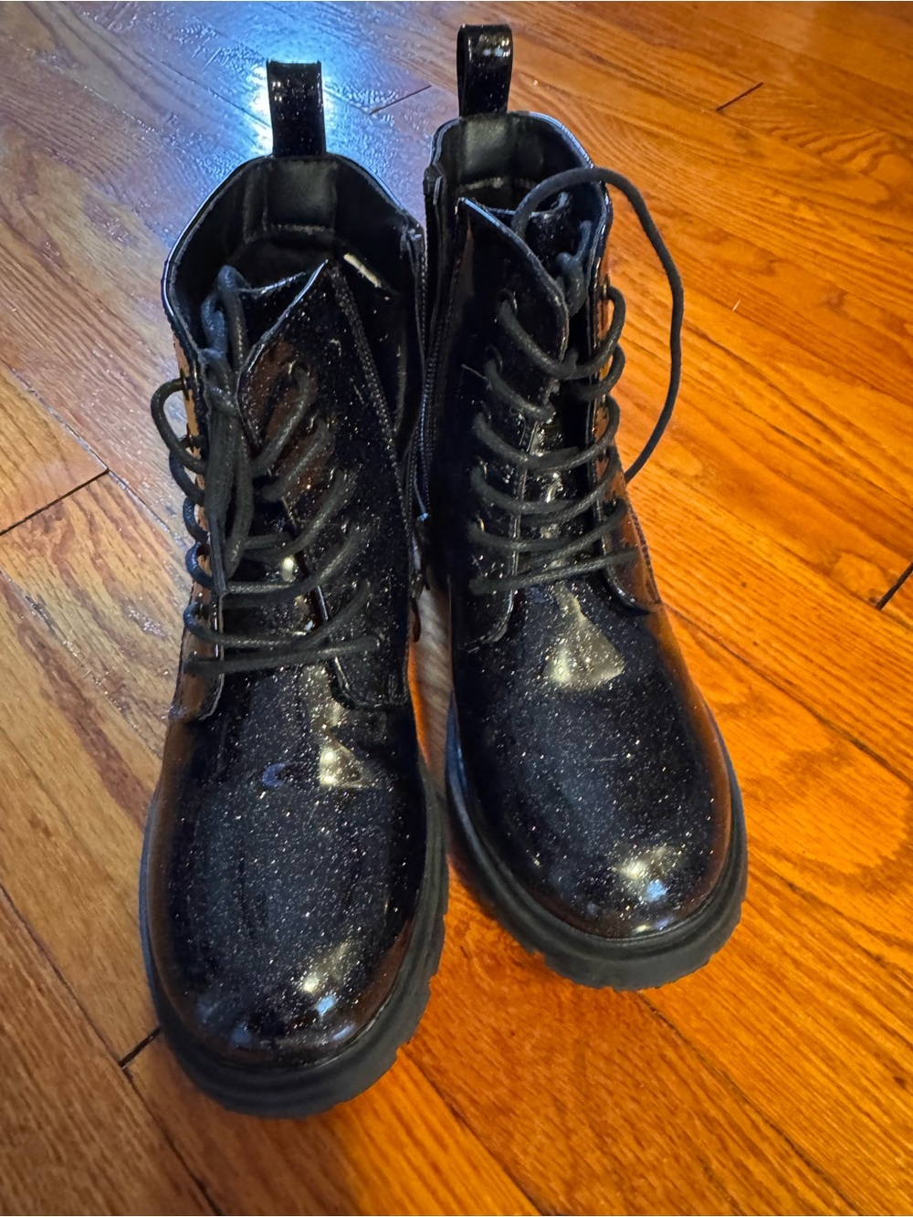 Girls' Black Glitter Lace-Up Combat Boots